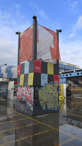 902760 Afbeelding van een houten bouwsel, beplakt met affiches 'ME' en bespoten met graffiti, op het terrein tussen het ...